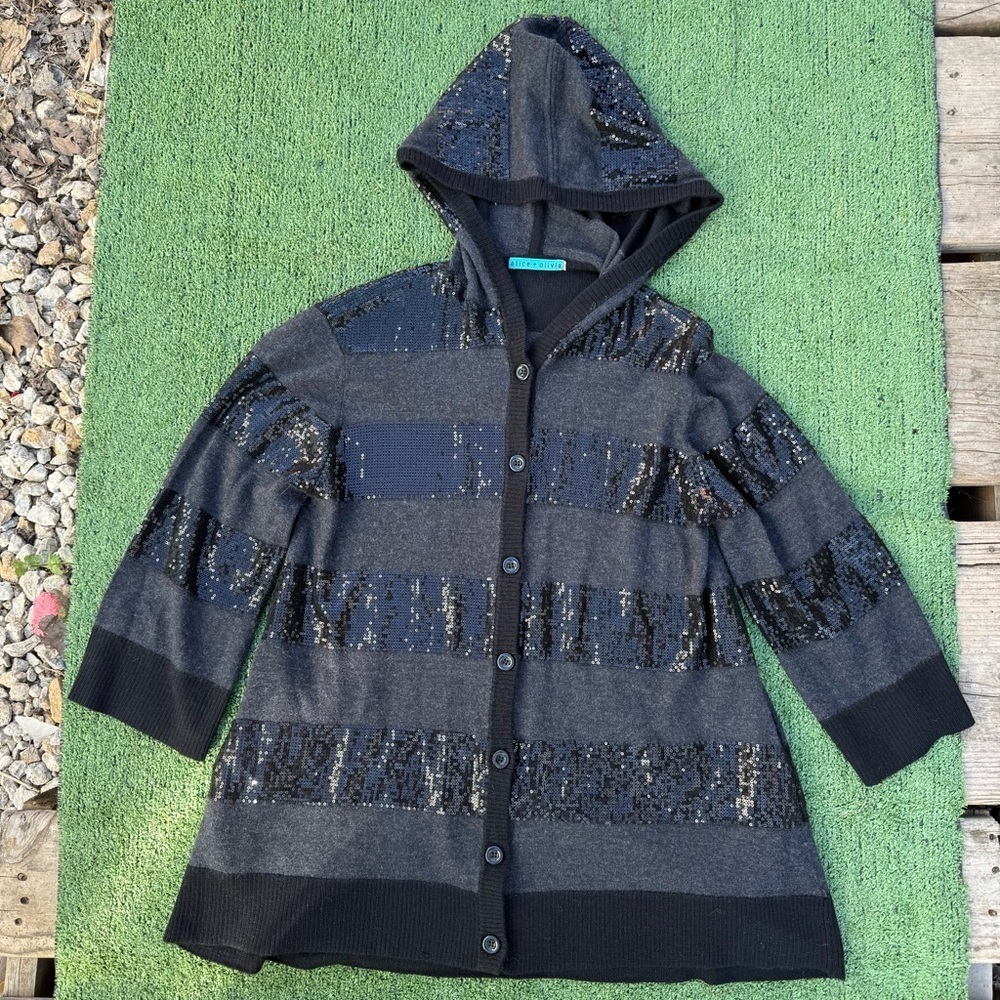 Alice + Olivia Black and Gray 100% Wool Sequin Hooded Button Cardigan Medium